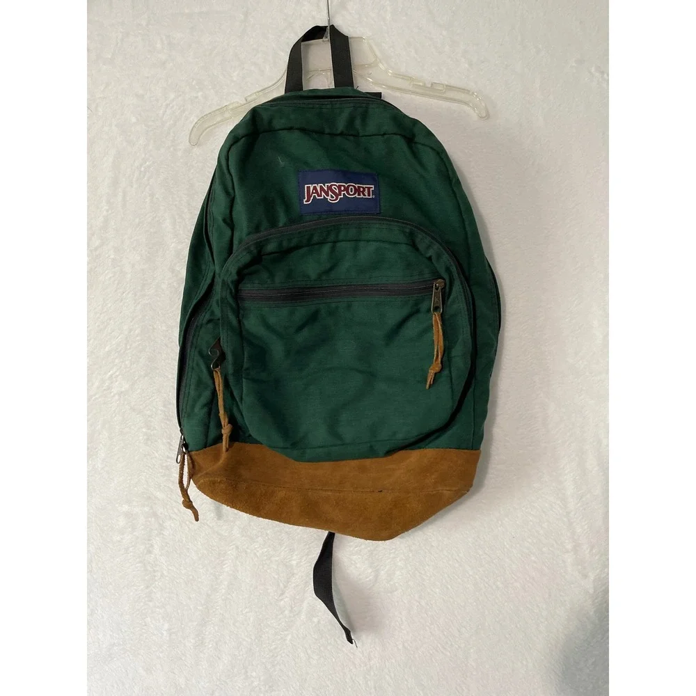 JanSport Right Pack Backpack Hunter Green Suede Leather Bottom Canvas Mens Bag
